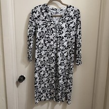 Lands End Women s Cover Up Swim Dress Tunic 3/4 Sleeve Black White Flowers Small
