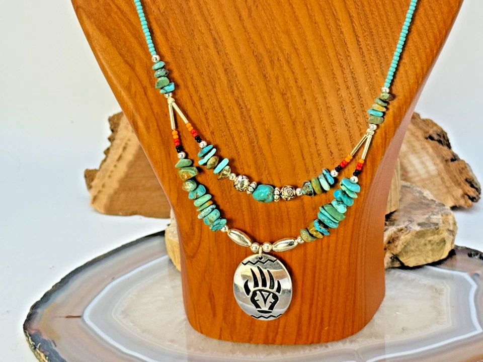 Navajo Native Turquoise Sterling Beaded Necklace Bearclaw Pendant--2303.25 - Image 4 of 4