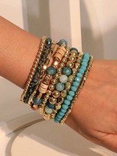 9pcs Boho Beaded Colorful Blue Bracelets Set For Women, Suitable For Vacation