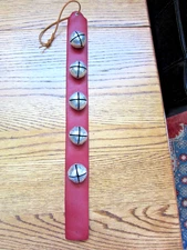 VINTAGE SLEIGH BELLS STRAP-CHRISTMAS RED LEATHER-BEVIN BROS W SILVERY BELLS-HTF!