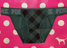 2016 Victoria's Secret PINK L Sparkly Wide Band String Bikini Panties Plaid VTG