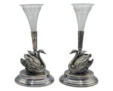 Beautiful Pair Of Antique 1880s Silver Plated Swan & Crystal Glass Epergnes