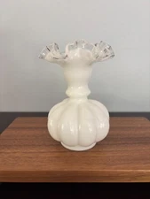 Fenton White Milk Glass Silver Crest Ruffled Edge Melon Vase 6.5"H