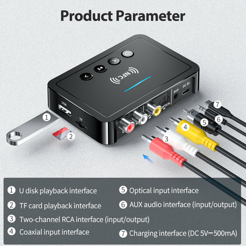 Bluetooth 5.0 Receiver Transmitter Wireless 3.5mm Adapter AUX NFC to 2 RCA Audio - Afbeelding 2 van 11
