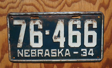 1934 NEBRASKA License Plate # 76 - 466
