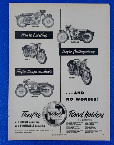 1956 NORTON MOTORCYCLE VINTAGE PRINT AD 5 MODELS - 50, E.S.2, 19, 88 AND 99