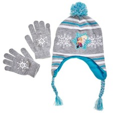 Disney Frozen Anna Elsa Girl Gray Winter Snow Laplander Beanie Hat Gloves Set