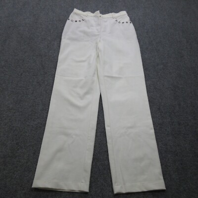 St John Pants Womens 2 White Cotton Straight Wide Stretch Metal Stud Rhinestones