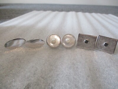 VINTAGE STERLING SILVER CUFF LINKS SET (3) -MOP w/PEARL+TEXTURE w/STONE+POLISHED