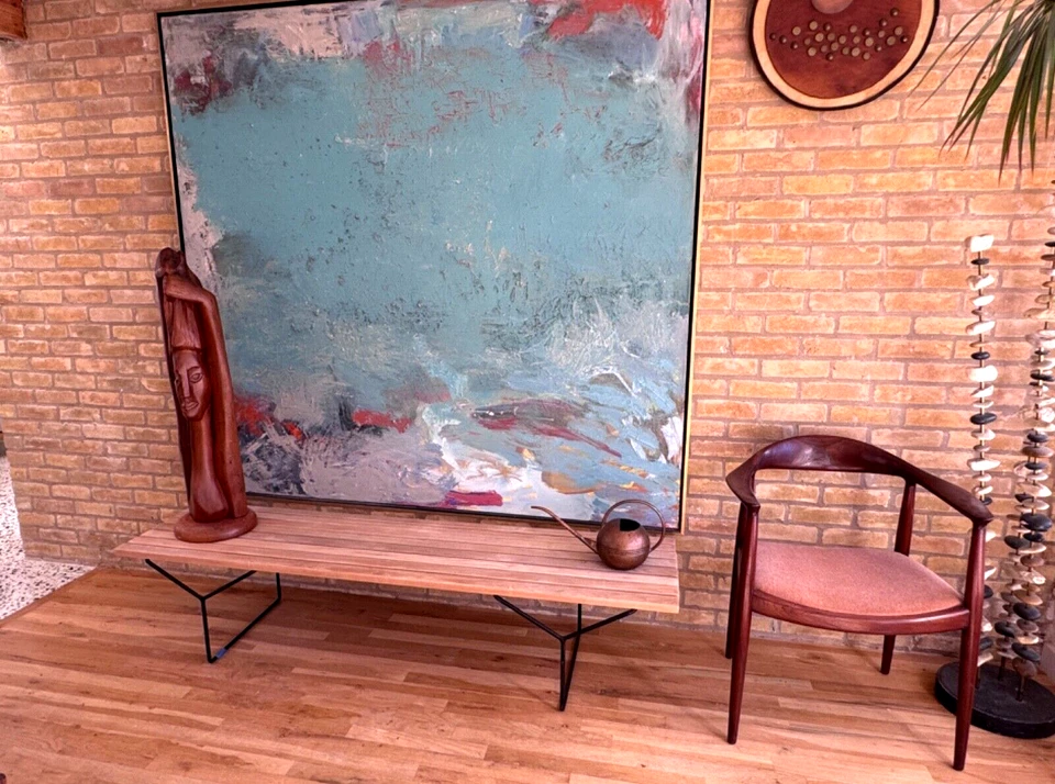 1960 Knoll Bertoia Oak Wood Iron Steel Slat Bench Coffee Table Vtg Mcm - Image 2 of 4