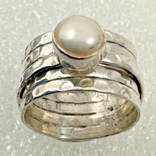 Sterling Silver .925  11mm Wide Hammered Band 6.5mm Pearl Ring  Size 7 1/2
