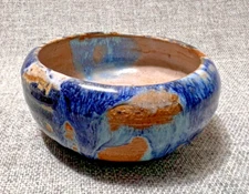 Shallow Round Pottery Bowl - Grey with Blue glaze - Signed KP