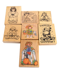 LOT 7pc VINTAGE WOOD RUBBER STAMP (FALL+CHRISTMAS)