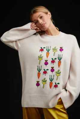 Anthropologie Kerri Rosenthal Cashmere Sweater Veggie Garden Embroidered M NEW