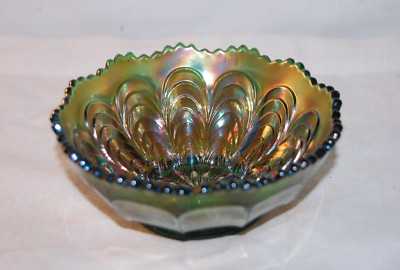 Fenton Carnival Glass Peacock Tail Green Ruffled Crimped Edge 5 1/2'' Diameter 