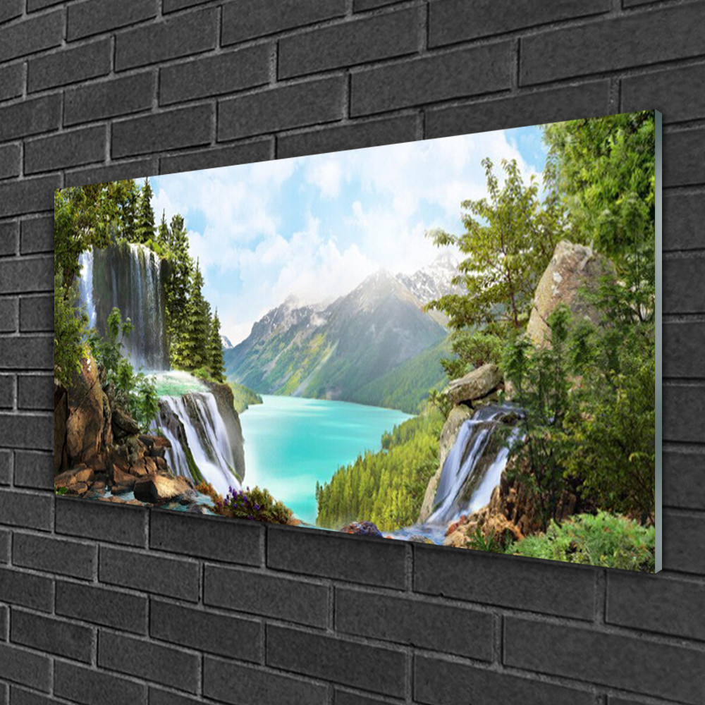 Impression sur verre 100x50 tableau nature montagne cascade baie paysage panoramique