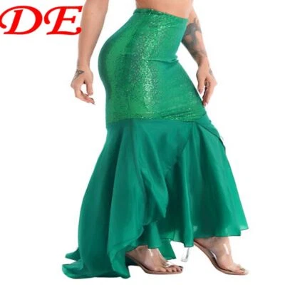 FREEBILY DE Fischschwanz Rock Damen Lang Meerjungfrau Kostüm Pailletten Glitzer Party