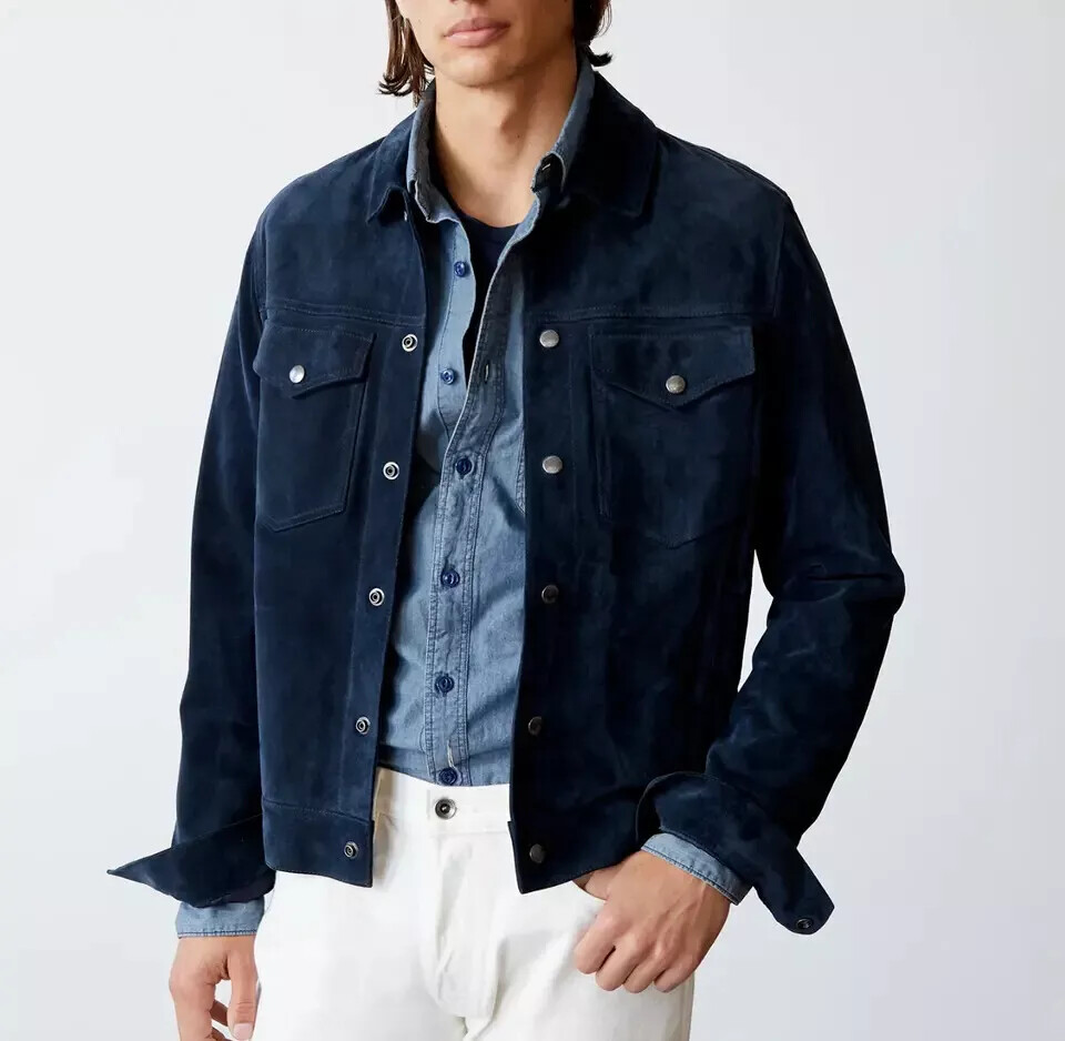 Handmade Stylish Casual Fashion Navy Blue Leather Trucker Men Pure Suede Shirt
