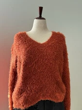 Pink Rose XS Rust Orange Fuzzy Eyelash Knit Sweater V-Neck Soft Cozy Fall Top