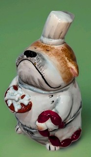 Bulldog Chef Holding Sausages Ceramic Treat Cookie Jar Tracy Flickinger