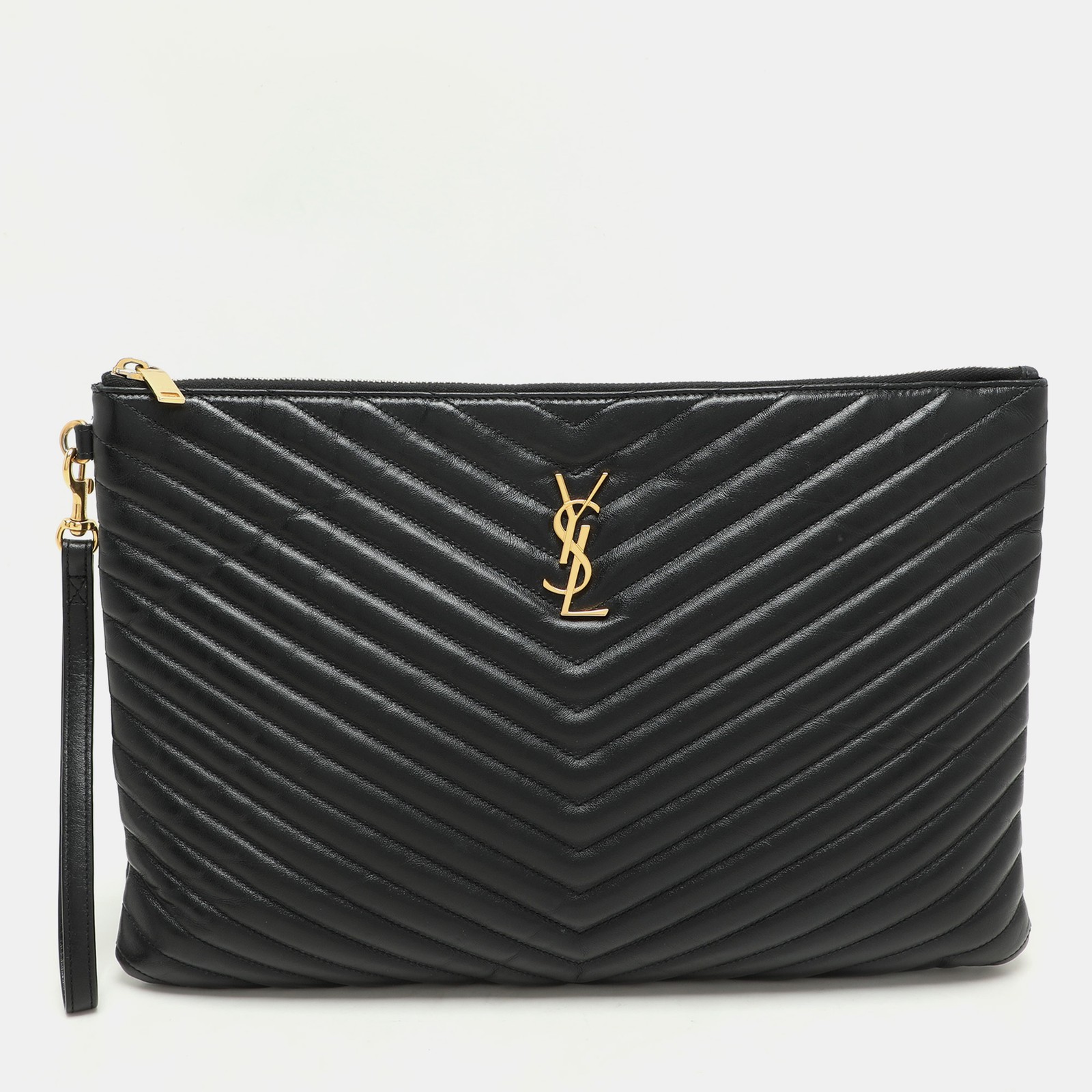 Saint Laurent Black Matelasse Leather Cassandre Wristlet Pouch  
