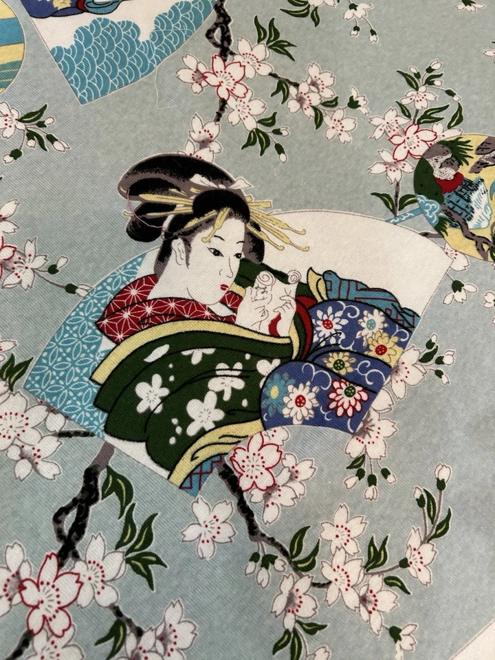 Geisha elástica asiática flores de cerezo monte. TELA tejida de algodón verde pálido Fuji Foto 4 de 4