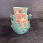 Green Clematis 2 Handle Vase by Roseville Pottery stamped 103-6”