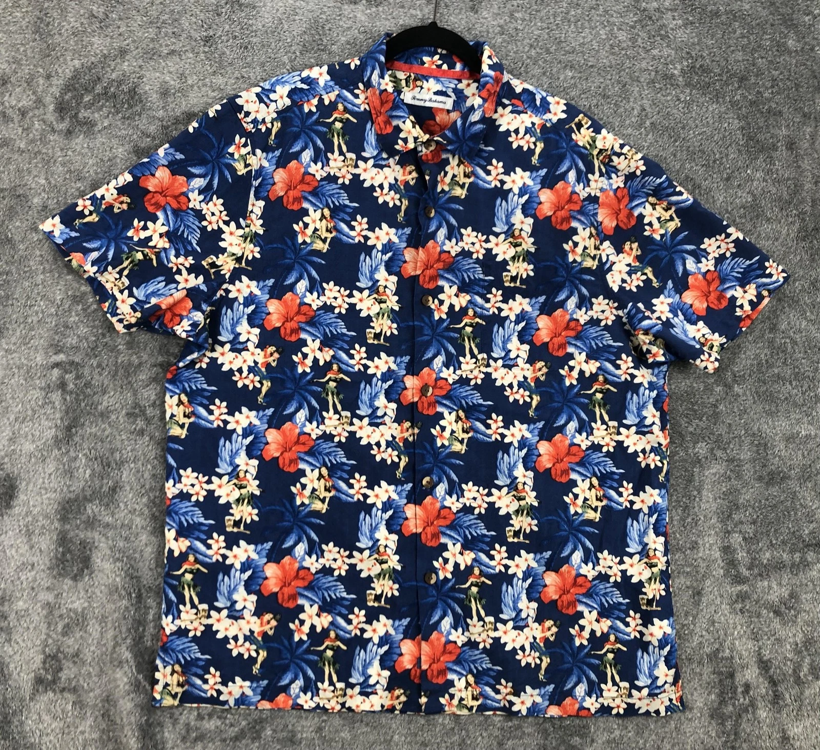 Tommy Bahama Shirt Mens Extra Large Blue Silk Floral Hawaiian Hula Button Up