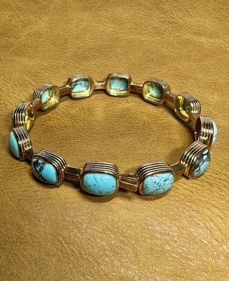 Kingman Turquoise 18k Gold over 925 Sterling Silver Bangle Bracelet 7.5  Lot#35