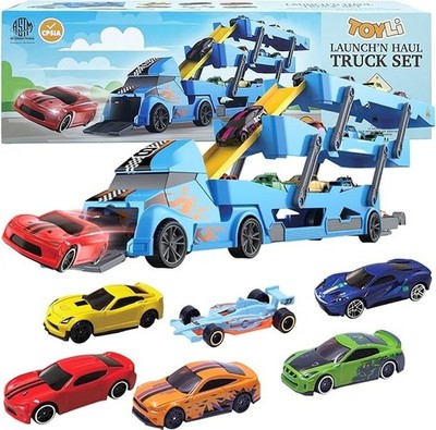 RARE TOYLI 9 PIECE LAUNCH N HAUL TRUCK SET RACE LAUNCHER CAR CARRIER HOLD 37 CAR