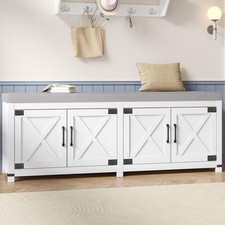 Shoe Storage Bench, 2 Tier Shoe Bench with Padded Seat Cushion 4 Barn Doors