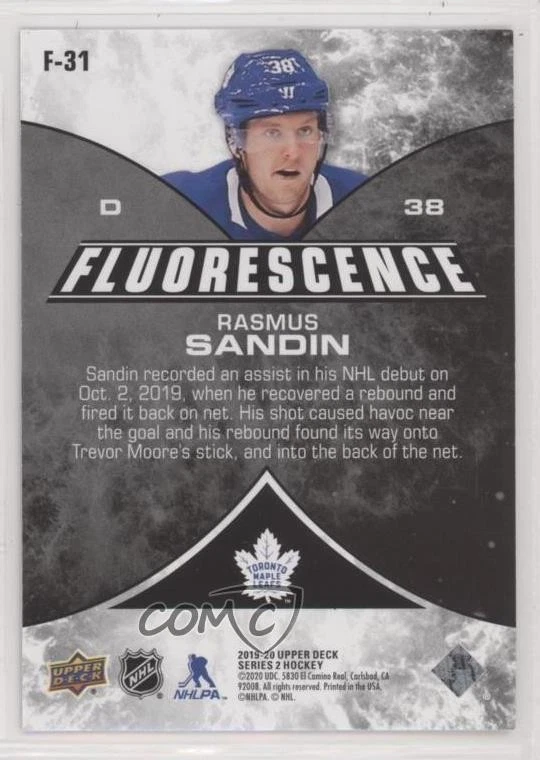 2019-20 Upper Deck Fluorescence Gold /150 Rasmus Sandin #F-31 Rookie RC - Image 2 of 2
