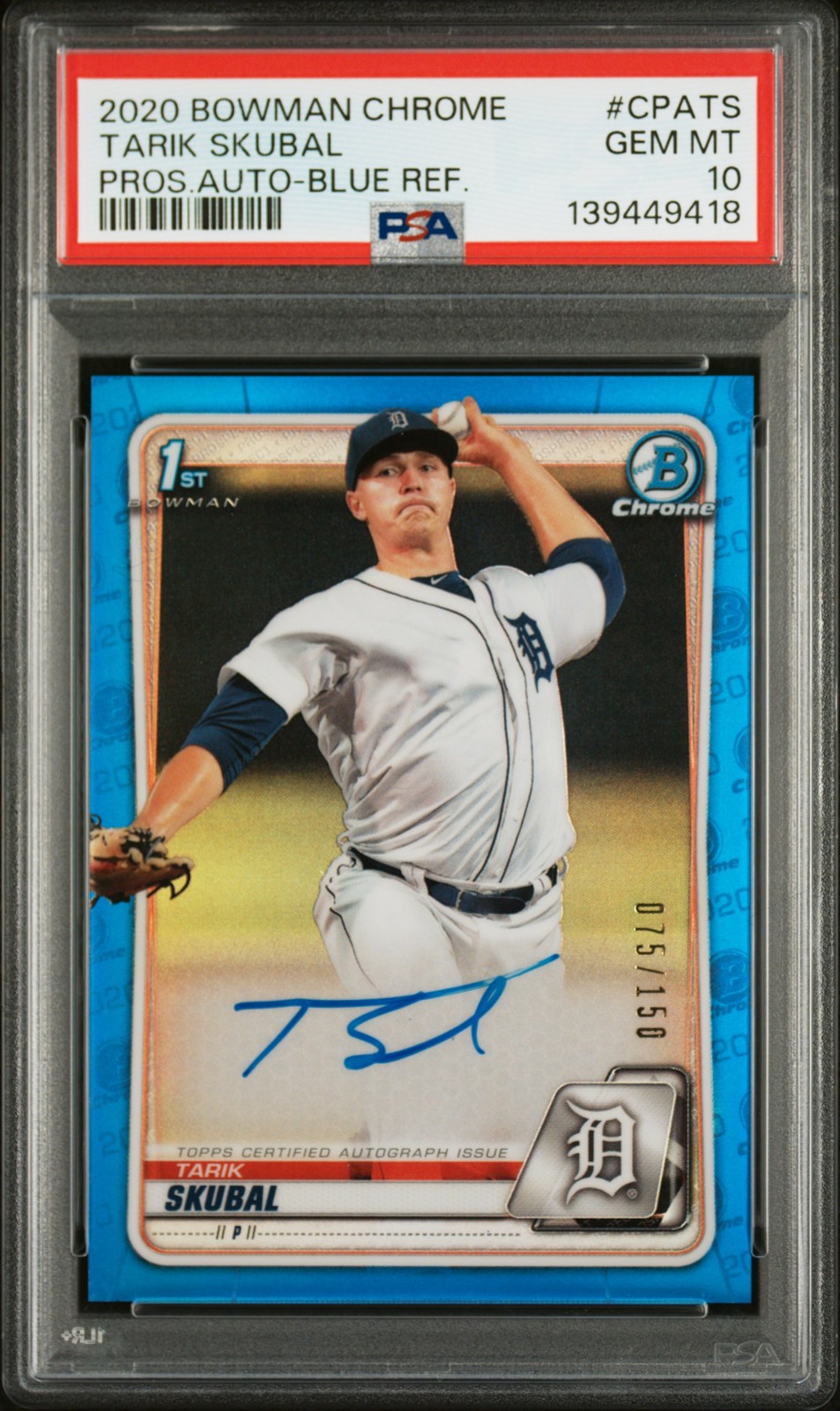 2020 BOWMAN CHROME PRSPCT AUTOS BLUE REFRACTOR TARIK SKUBAL 75/150 PSA 10 AUTO