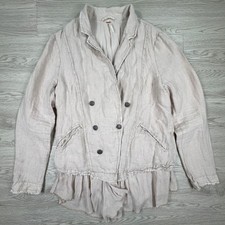 Free People Women Blazer Double Breasted Peplum Linen Beige Large Raw Edge Hem