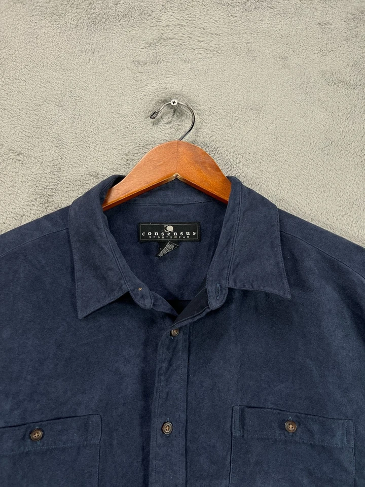 CONSENSUS Sportswear Mens XL Navy Faux Suede Blue Shirts Button Up Long Sleeve - Image 2 of 4