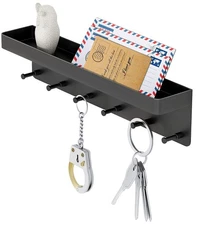 MKO Key Holder Wall Mount Mount Adhesive with Mail Organizer Tray 6 Hooks for