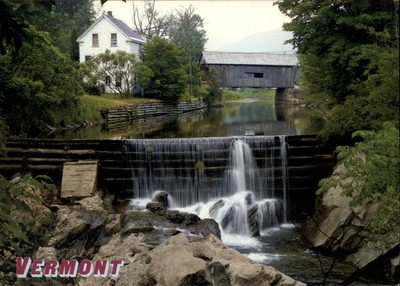 Warren Vermont Wooden Covered Bridge river water fall vintage postcard sku513