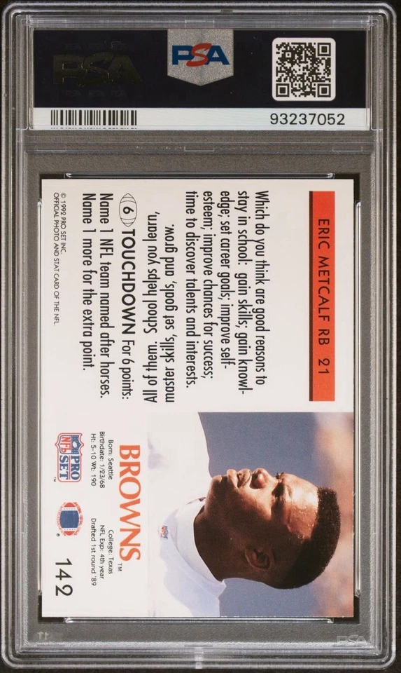 1992 Fact Pro Set ERIC METCALF #142 PSA 10 Pop 1 - Image 2 of 2