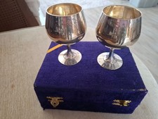 Vintage 2 Silver Coloured Small Brandy Goblets In Original Purple Velvet Box