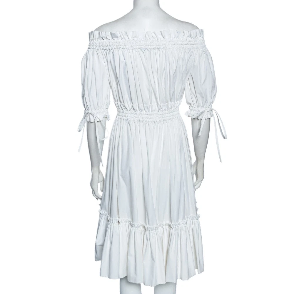 Abito midi Alexander McQueen bianco cotone arricciato a più livelli sulle spalle M
