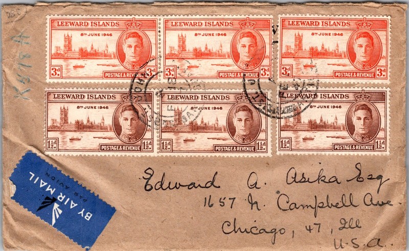 1947 Leeward Islands St John Airmail cover to USA IL Chicago