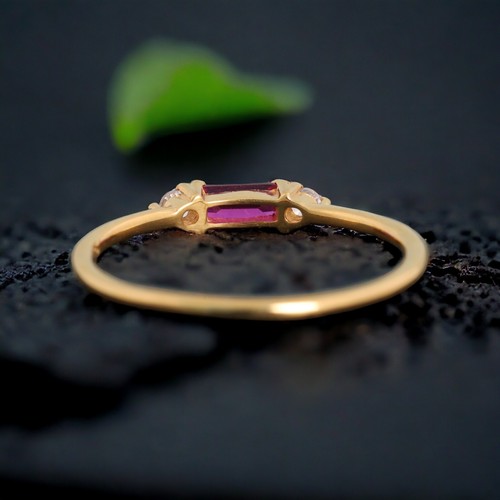 9k Solid Gold 4x2MM Baguette Shape Natural Ruby Ring Cubic Zirconia Ring - Picture 5 of 5