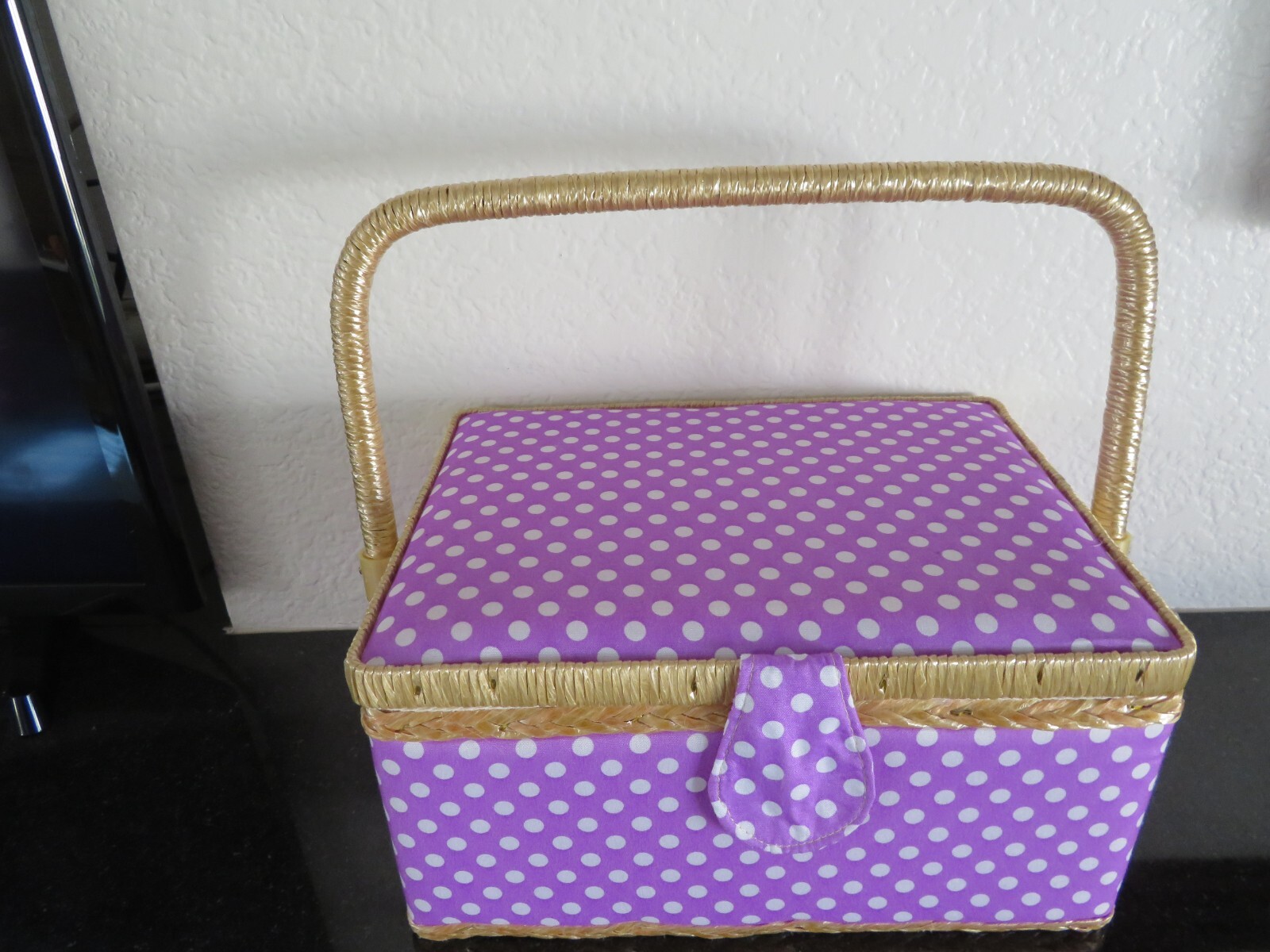 VINTAGE NEW PURPLE POKA-DOT SEWING STORAGE BOX