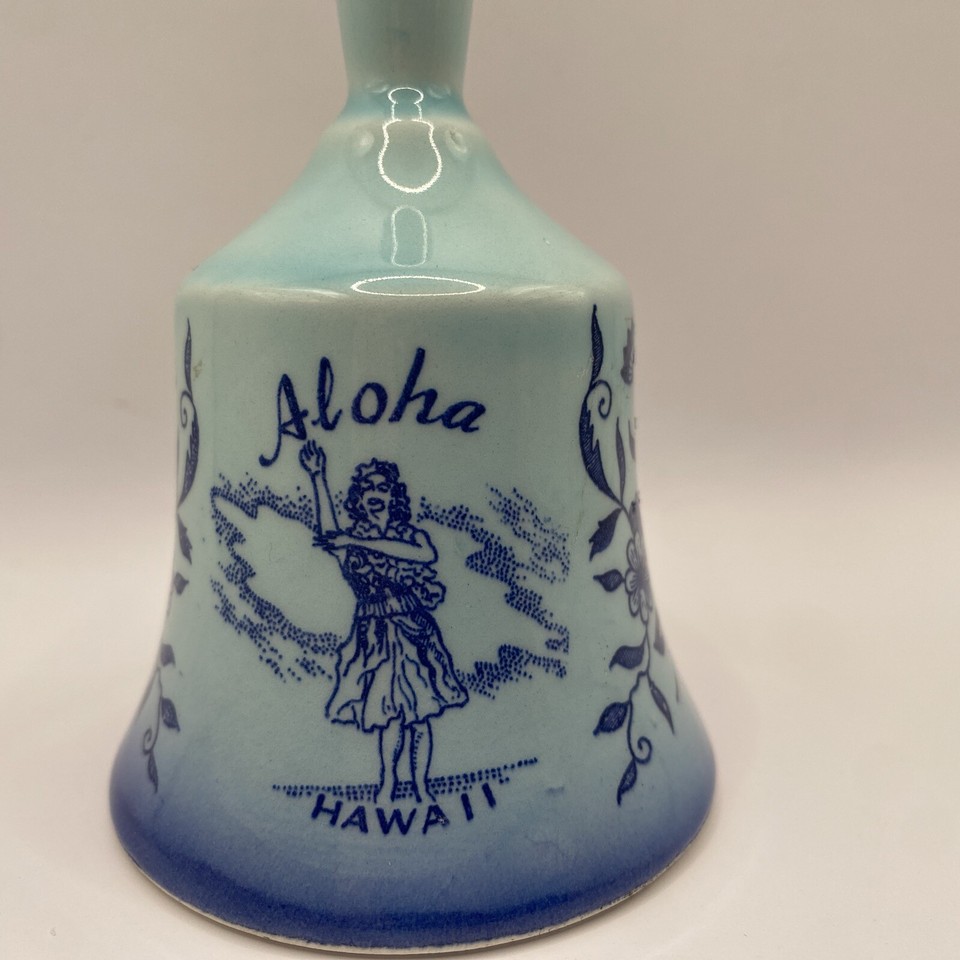 Vintage Hawaii Ceramic Hand Bell Souvenir Hula Girl Blue Hawaiiana Made
