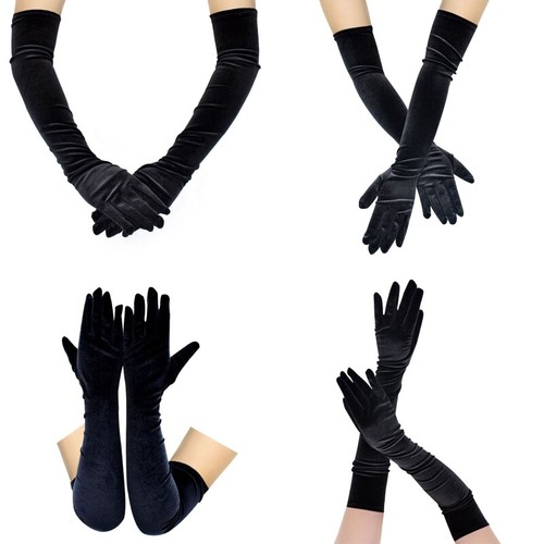 52cm Long Flapper Evening Velvet Black Gloves for Women Elbow Length 1920s - Picture 7 of 8