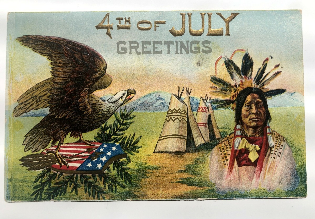 4110　こちらは専用です Vintage 1910's 4th of July Greetings Postcard w/ Eagle and Indian