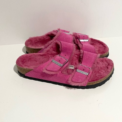 Birkenstock Arizona Shearling Fur Fuzzy Hotpink Sandals Slides Buckle 36 - Picture 4 of 8