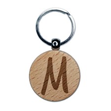 Letter M Uppercase Felt Marker Font Engraved Wood Round Keychain Tag Charm