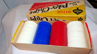 100 VTG Astor Plastic Poker Chips in Box - No. 19/1005- RED, WHITE & BLUE