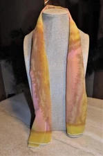 Oblong abstract scarf; sheer; SILK? yellow, pink, tan, sage; 40 x 14